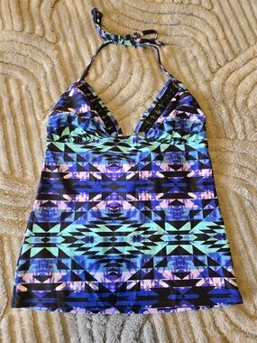 4 For $24 Geometric Print Halter Tankini Top - Teal, Blue, Black, Purple Size M
